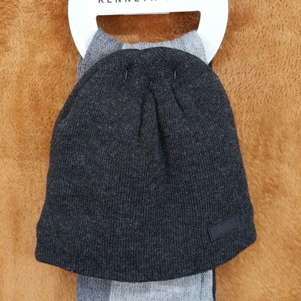 KENNETH COLE REACTION Mens Beanie Hat Scarf Grey Stripe Knit Logo Fringe Set